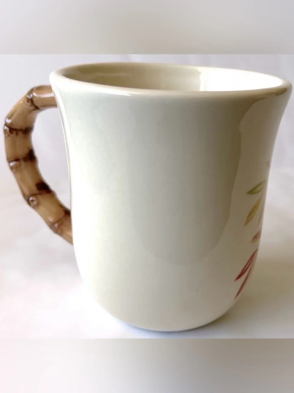 Pier 1 Vintage Red Parrot White Mug Cup Bamboo Handle 14oz